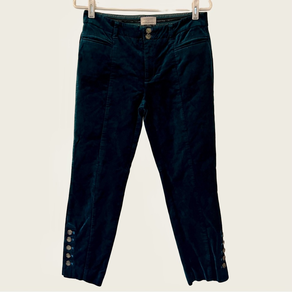Anthropologie Velvet Dark Teal Green The‎ Essential Skinny Button Pants Size 4